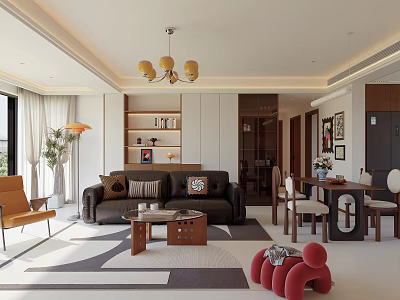 Modern Living Dining Room Interior With Sofa Coffee Table Chandelier Bookshelf Rug And Dining Chairs 3d model