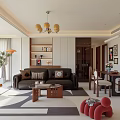 Modern Living Dining Room Interior With Sofa Coffee Table Chandelier Bookshelf Rug And Dining Chairs