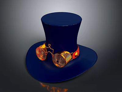 Stylish Dark Blue Top Hat With Golden Decorative Glasses As Practical Daily Life Accessory 3d model
