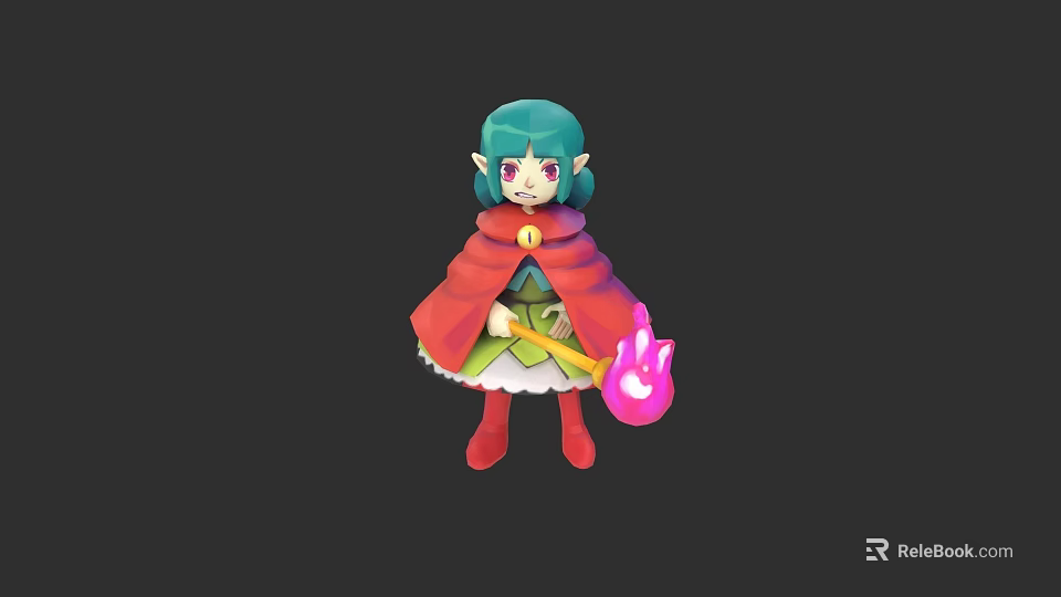 Game Movie Character With Teal Hair Purple Eyes Red Cape Green Dress Red Boots Pink Guitar 3d model 