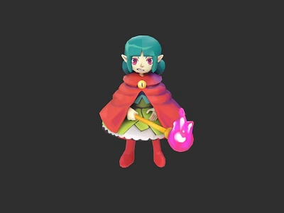 Game Movie Character With Teal Hair Purple Eyes Red Cape Green Dress Red Boots Pink Guitar 3d model