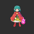 Game Movie Character With Teal Hair Purple Eyes Red Cape Green Dress Red Boots Pink Guitar