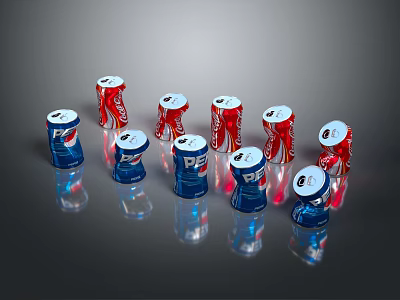 Beverage Cans In Red And Blue Colors Arranged On Reflective Surface 3d model