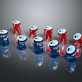Beverage Cans In Red And Blue Colors Arranged On Reflective Surface 3d model