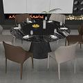 Round Marble Dining Table Set With Brown And White Chairs Tableware And Fruit Centerpiece 3d model