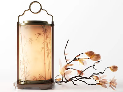 Elegant Chinese Style Table Lamp With Bamboo Pattern Metal Frame And Decorative Flower Branch 3d model
