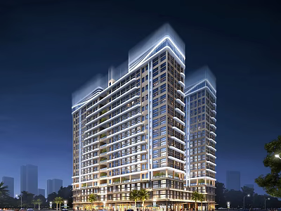 Modern High Rise Residential Buildings Illuminated At Night With Urban Background 3d model