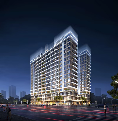 Modern High Rise Residential Buildings Illuminated At Night With Urban Background 3d model