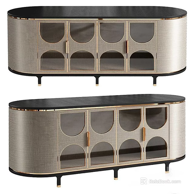 Elegant Modern Console Cabinet And Sideboard With Black Top Linen Fabric Metal Legs Glass Doors 3d model 