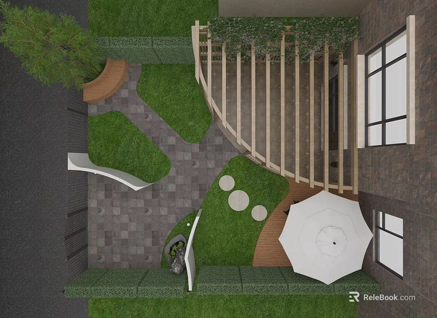 Garden Landscape Design With Green Grass Wooden Railing Circular Stone Pavers And Outdoor Umbrella 3d model 