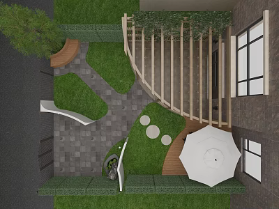 Garden Landscape Design With Green Grass Wooden Railing Circular Stone Pavers And Outdoor Umbrella 3d model