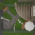 Garden Landscape Design With Green Grass Wooden Railing Circular Stone Pavers And Outdoor Umbrella