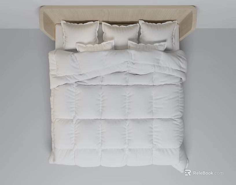 Simple Modern Double Bed With Light Wooden Headboard White Comforter And Pillows 3d model