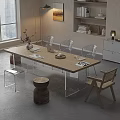 Modern Meeting Room Interior With Long Wooden Table Transparent Chairs And Bookshelf