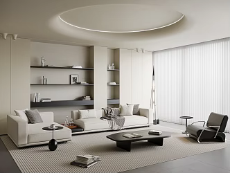 Quiet Cream Style Living Room Sofa Tea Table Combination Corner Sofa Single Casual Chair Sofa Stool Sofa Wall Decorative Cabinet Round Ceiling Floor Lamp Book Decoration 3d model