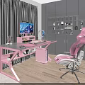 Modern Gaming Room Interior With Pink Desk Chair TV Shelves And Gray Curtains