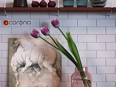 Decorative Ornament Set With Pink Vase Purple Tulips And Horse Painting On White Tiled Wall 3d model