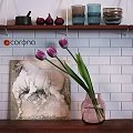 Decorative Ornament Set With Pink Vase Purple Tulips And Horse Painting On White Tiled Wall