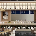 Modern Restaurant Interior With Bar Counter White Bowls And Wine Bottles