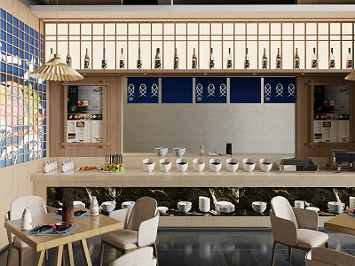 Modern Restaurant Interior With Bar Counter White Bowls And Wine Bottles 3d model