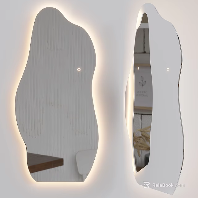 Modern Irregular Shaped Mirror With LED Light And Wooden Shelf Design 3d model 