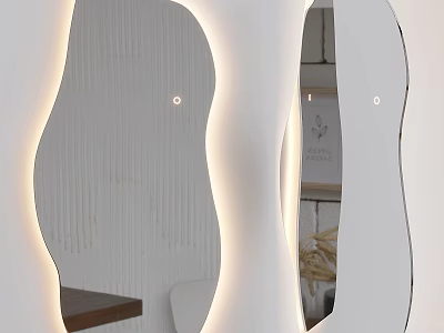 Modern Irregular Shaped Mirror With LED Light And Wooden Shelf Design 3d model