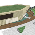 Modern Sales Office Building With Green Roof Lawn Trees And Landscaped Pathway