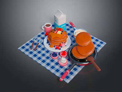 Breakfast Scene with Pancakes Milk Carton Cup Spatula Plaid Cloth and Strawberry Topping 3d model