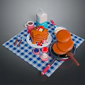 Breakfast Scene with Pancakes Milk Carton Cup Spatula Plaid Cloth and Strawberry Topping