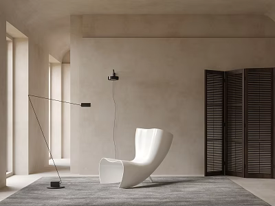 White Modern Leisure Chair In Minimalist Interior With Gray Carpet And Floor Lamp 3d model