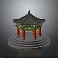Traditional Pavilion Architecture With Multi Tiered Roof Red Pillars Green Decorations And Circular Stepped Base