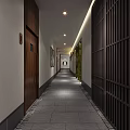 Elegant Hotel Corridor Interior With Bamboo Decor Stone Tile Floor And Ceiling Lights 3d model