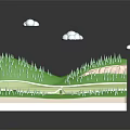 Cartoon Layered Landscape Scene With Green Hills Trees Clouds Road And Ponds