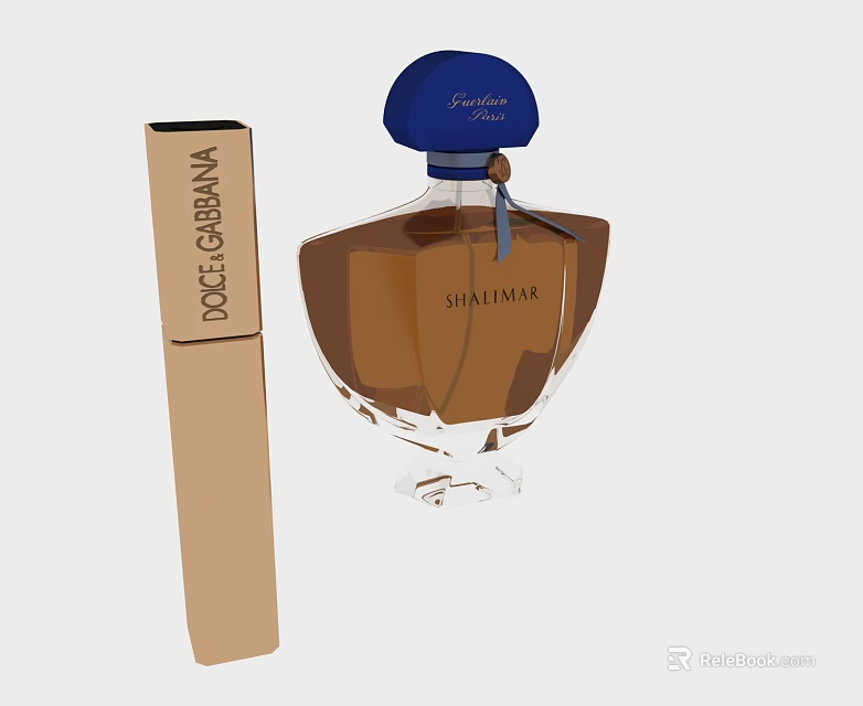 Dolce Gabbana Shalimar Perfume With Elegant Bottle Brown Liquid Blue Cap And Box Design 3d model 