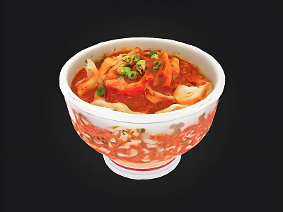 White Bowl With Red Floral Pattern Holding Red Broth Noodle Soup With Green Onions 3d model