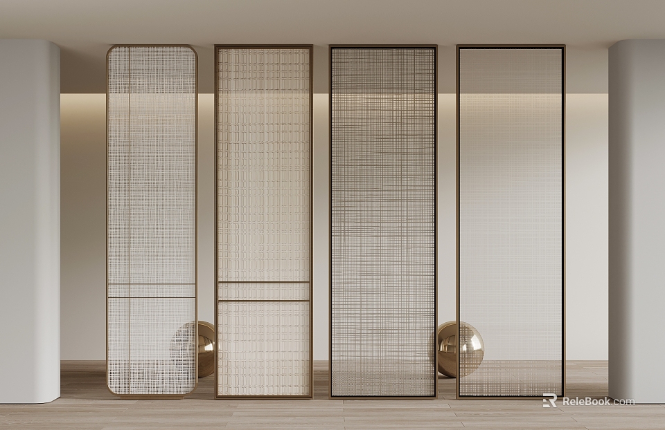 Modern Interior with Woven Partition Screens and Metal Frames and Golden Spheres 3d model 