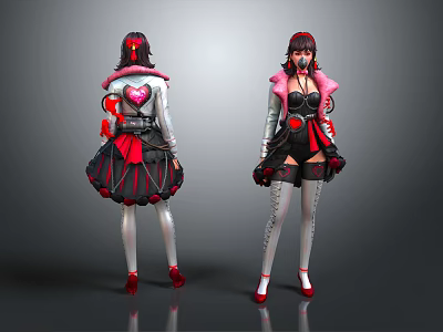Character And Creature Costume Design Front Back Views With Red Black Details And Heart Accents 3d model