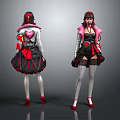 Character And Creature Costume Design Front Back Views With Red Black Details And Heart Accents