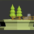 Green Pine Trees Decorative 3D Model Scene on Hexagonal Platform with Wooden Fence