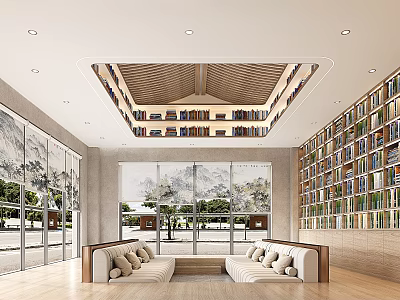 Book Store With Abundant Books On Bookshelves Central Sofas Large Windows Wooden Ceiling And Lighting 3d model