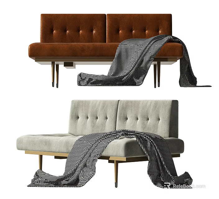 Brown and Gray Two-Seater Sofas with Tufted Backrest Metal Legs and Plaid Blanket 3d model