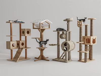 Various Design Wooden Cat Trees With Multi Level Platforms And Cats Playing 3d model