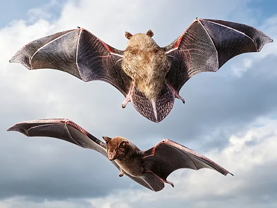 Two Flying Bats Soaring in Clear Blue Sky with Fluffy Clouds 3d model