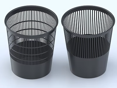 Two Black Mesh Design Trash Bins With Cylindrical Shape And Solid Base 3d model