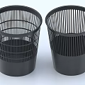 Two Black Mesh Design Trash Bins With Cylindrical Shape And Solid Base 3d model