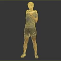 A Man In Gray Short Sleeve Shirt And Black Shorts Stretching Arms On Dark Background