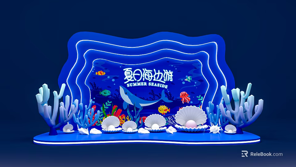 Summer Seaside Theme Photo Spot With Coral Shells Whale Fish And Lighting Decorations 3d model 
