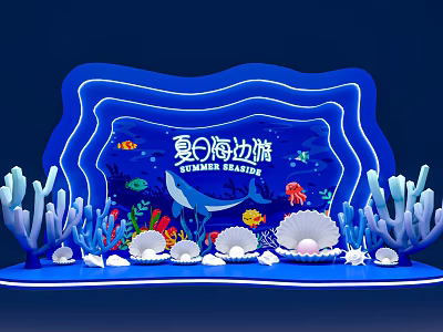 Summer Seaside Theme Photo Spot With Coral Shells Whale Fish And Lighting Decorations 3d model