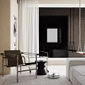 Modern Living Room Interior With Floor to Ceiling Window Swing Chair Bookshelf And Robot Vacuum