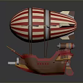 Red And White Striped Airship With Wooden Body Propellers And Wings